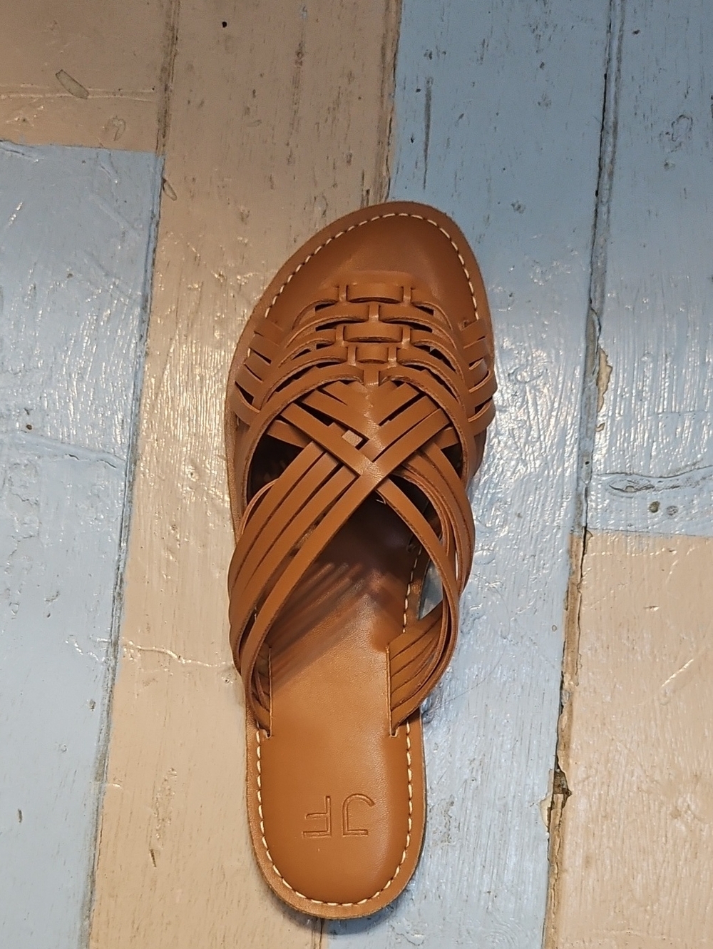 JustFab Tan Woven Leather Slide Sandal